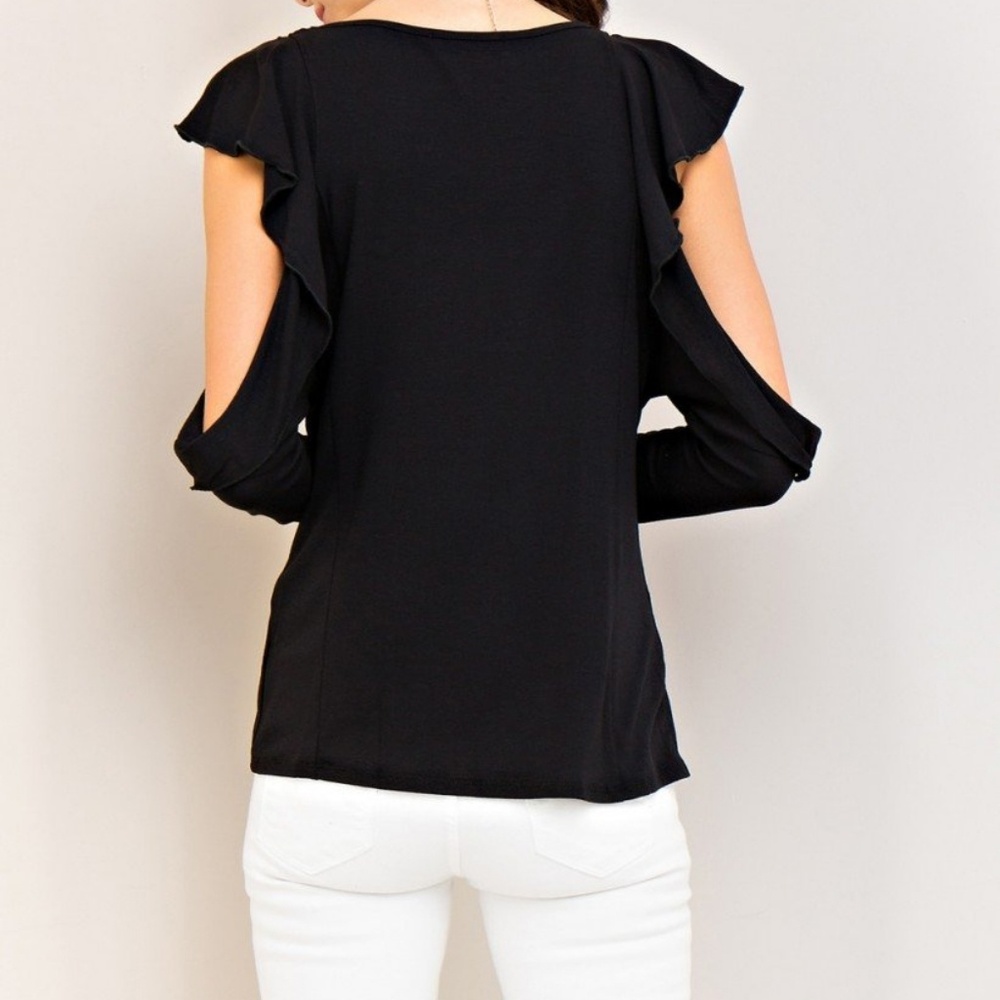 Open Shoulder Ruffle Sleeve Black Top - Picture 4 of 4